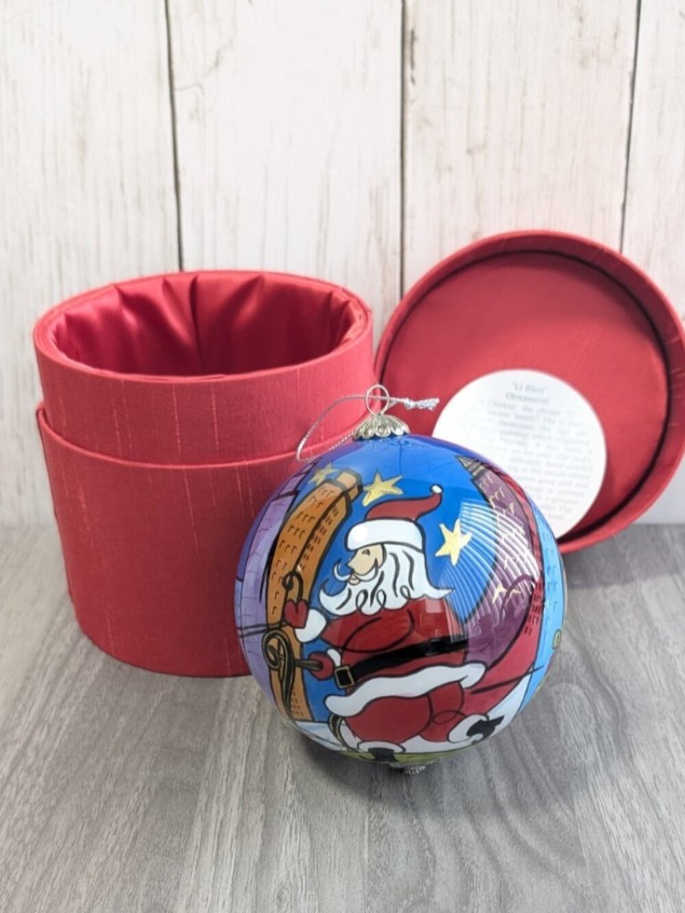 Pier 1 2006 Li Bien Glass Christmas Ornament Santa Skyline Reverse Painted